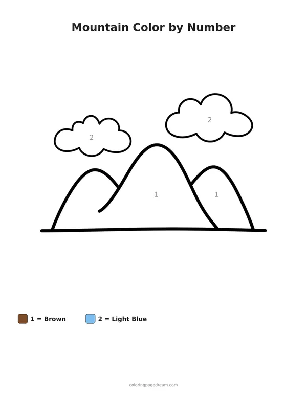 Mountain Color by Number printable page — Three Peaks with Clouds