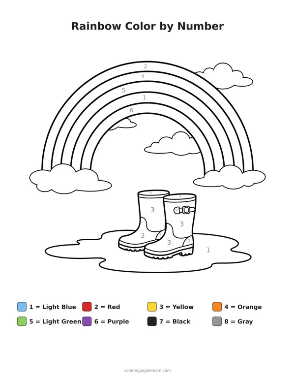 Rainbow Color by Number printable page — Boots in a Puddle