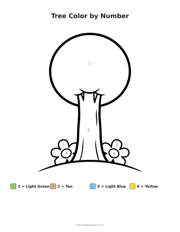 Tree Color by Number printable page — Simple Round Canopy and Flowers