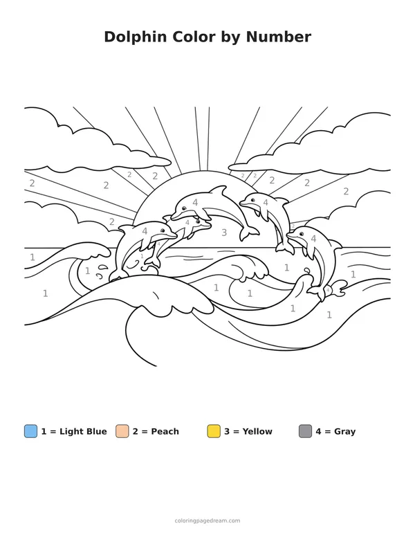Dolphin Color by Number printable page — Jumping Over Ocean Waves