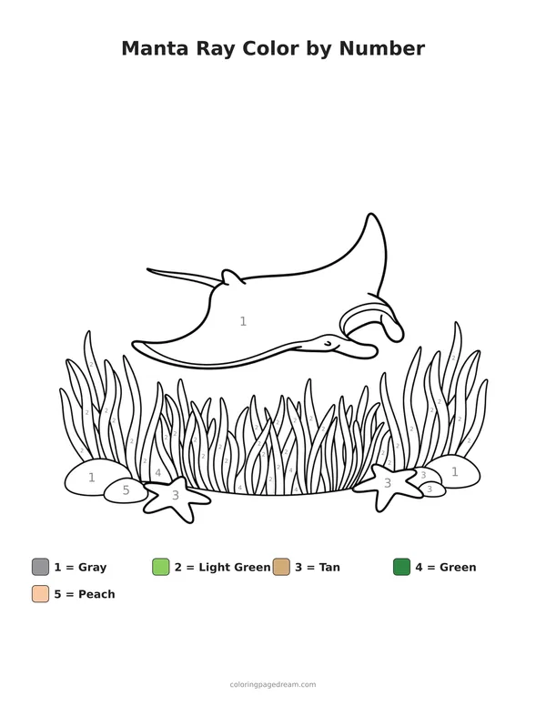 Manta Ray Color by Number printable page — Gliding Over Sea Grass