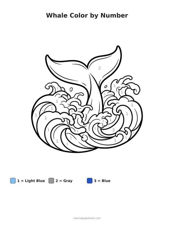 Whale Color by Number printable page — Tail Emerging From Ocean Waves