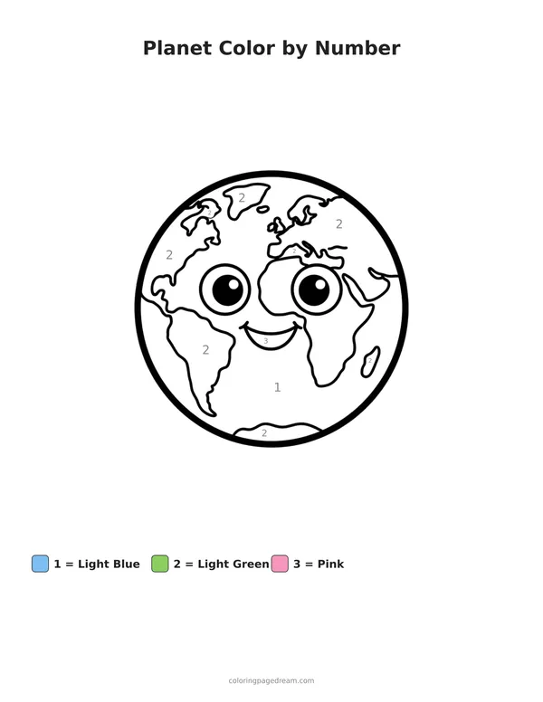 Planet Color by Number printable page — Earth with a Happy Face