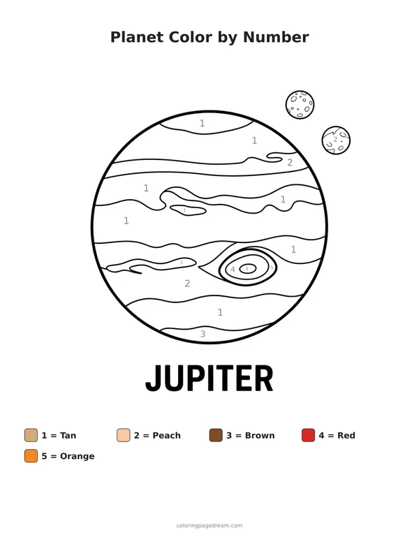 Planet Color by Number printable page — Jupiter with the Great Red Spot