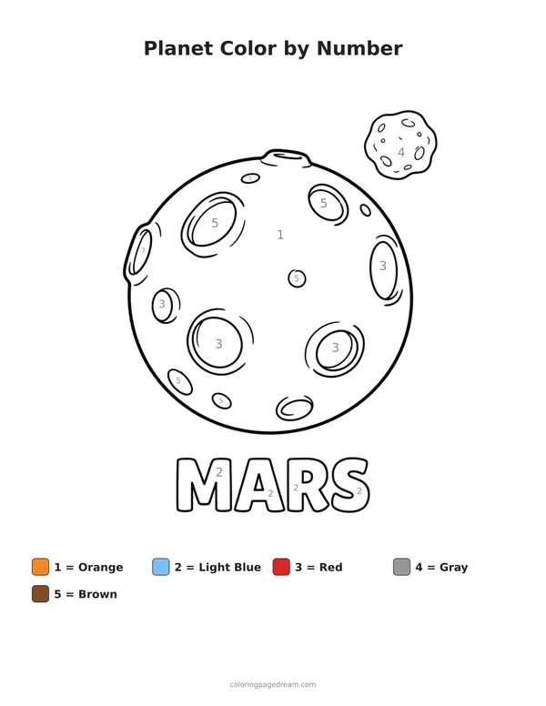 Planet Color by Number printable page — Mars with a Small Moon