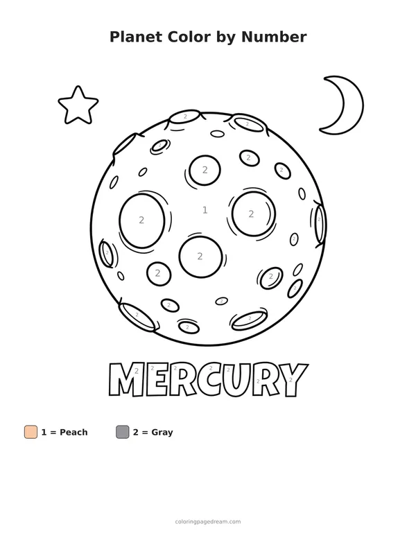 Planet Color by Number printable page — Mercury with Craters