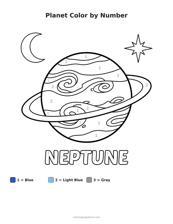 Planet Color by Number printable page — Neptune with Swirling Storms