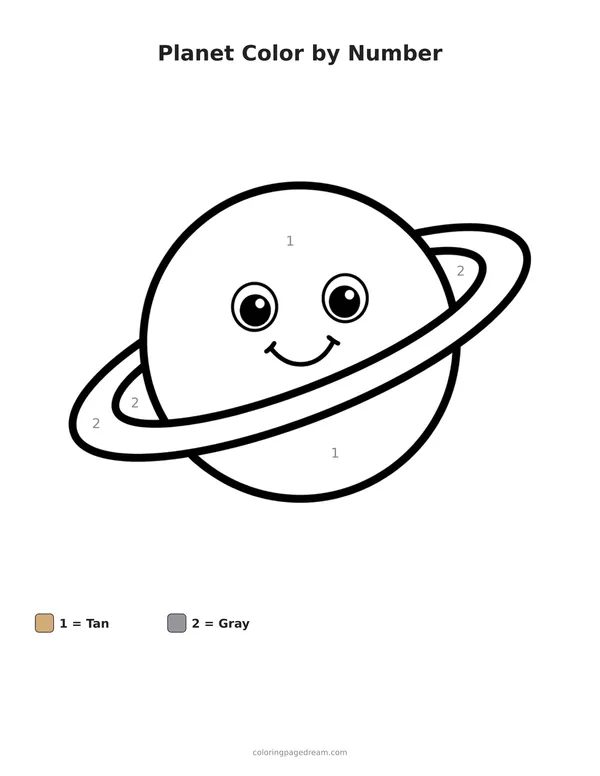 Planet Color by Number printable page — Smiling Planet With A Ring