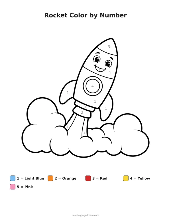 Rocket Color by Number printable page — Smiling With Clouds of Smoke