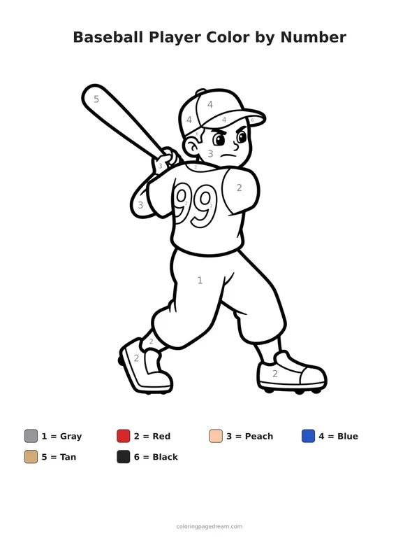 Baseball Player Color by Number printable page — Swinging a Bat