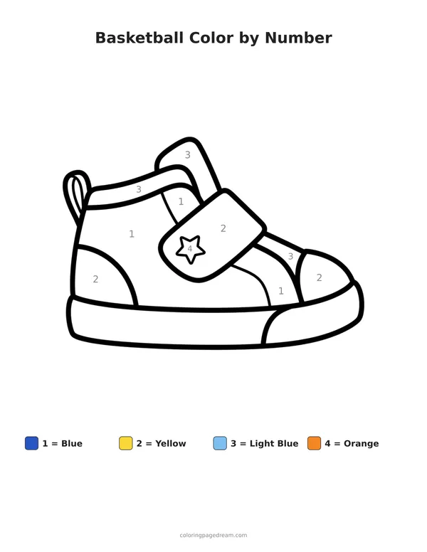 Basketball Color by Number printable page — High Top with Star Strap
