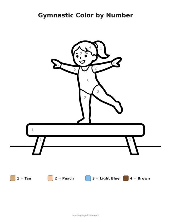 Gymnastic Color by Number printable page — Balancing on a Beam