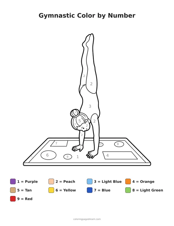 Gymnastic Color by Number printable page — Doing a Handstand on a Mat