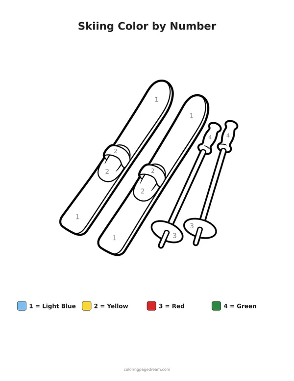 Skiing Color by Number printable page — Skis and Poles Laid Together