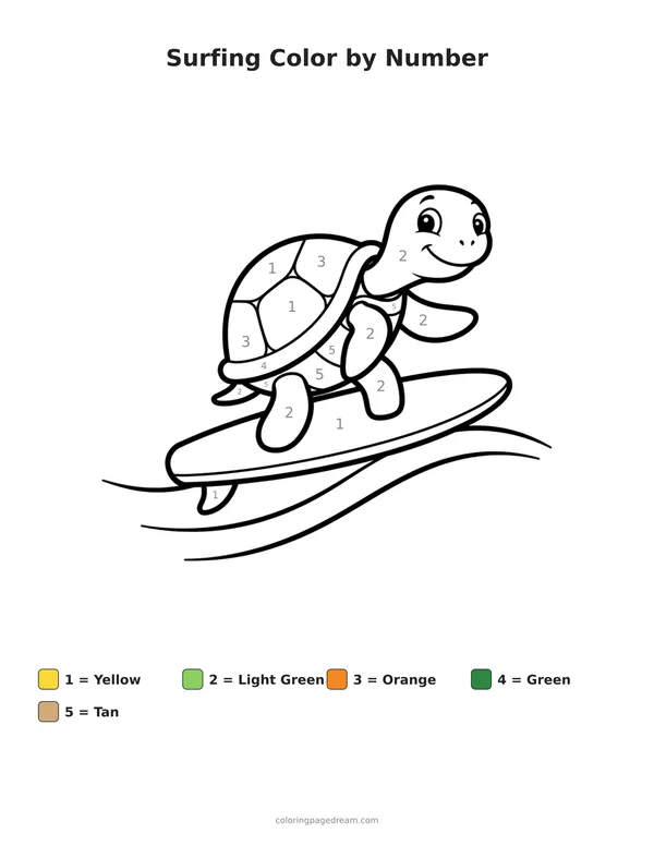 Surfing Color by Number printable page — Surfing on a Wave