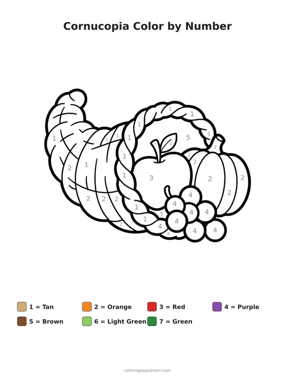 Cornucopia Color by Number printable page — Filled With Fruit and Pumpkin
