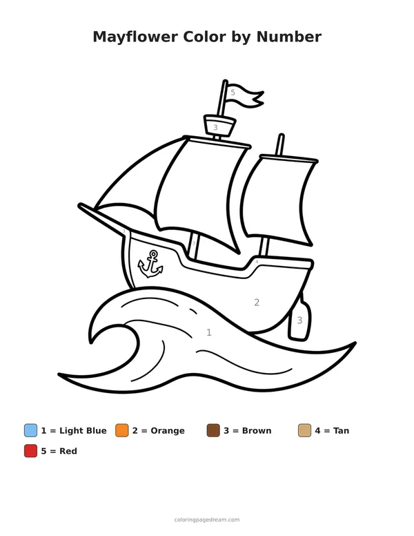 Mayflower Color by Number printable page — Sailing on a Big Wave