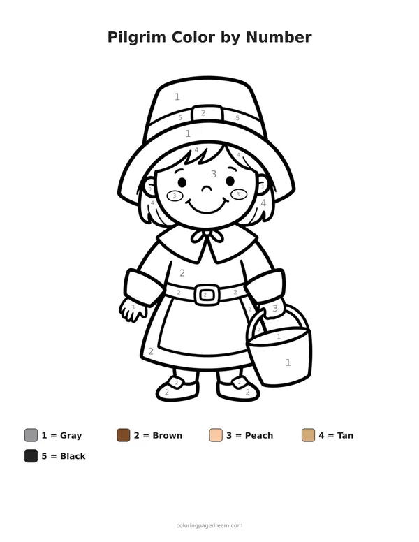 Pilgrim Color by Number printable page — Smiling Child Holding a Bucket