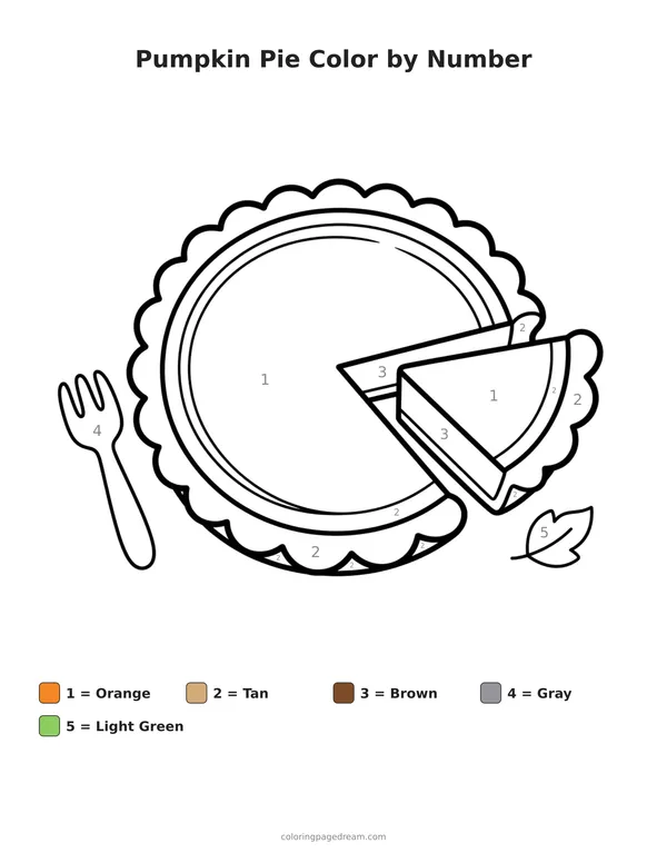 Pumpkin Pie Color by Number printable page — Sliced With A Fork And Leaf