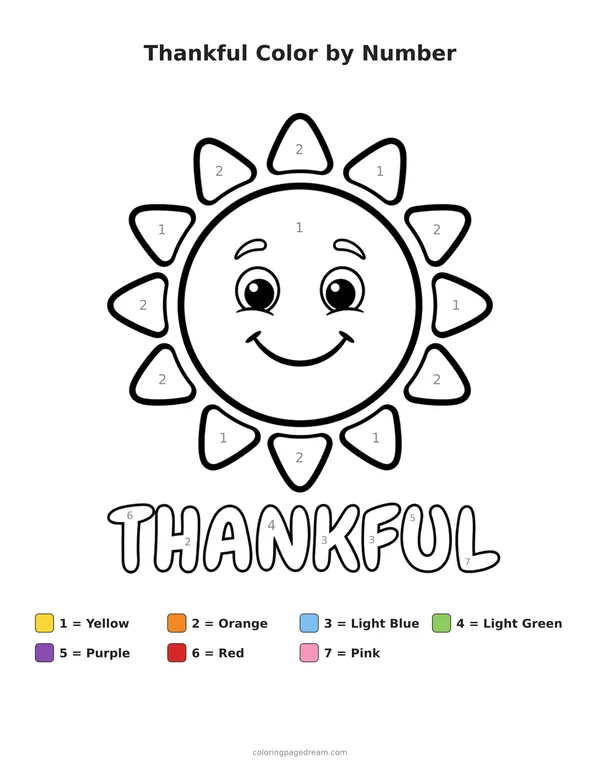Thankful Color by Number printable page — Smiling Face with Thankful Text