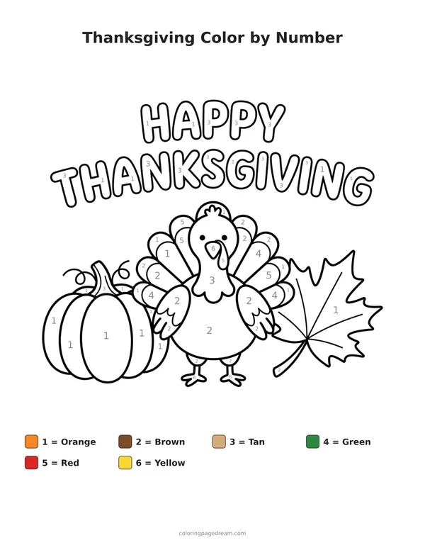 Thanksgiving Color by Number printable page — Happy Thanksgiving with Pumpkin and Leaf