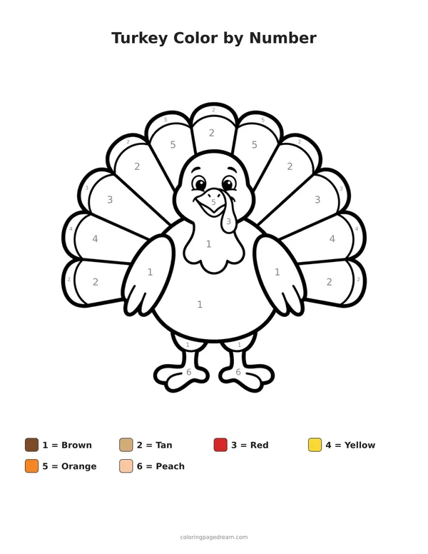Turkey Color by Number printable page — Friendly Face and Fan Tail