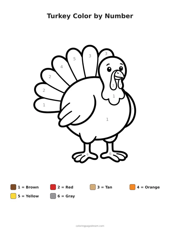 Turkey Color by Number printable page — Simple Standing in Profile