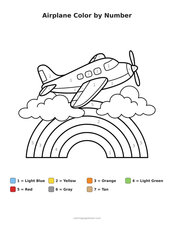 Airplane Color by Number printable page — Flying Over Clouds And Rainbow
