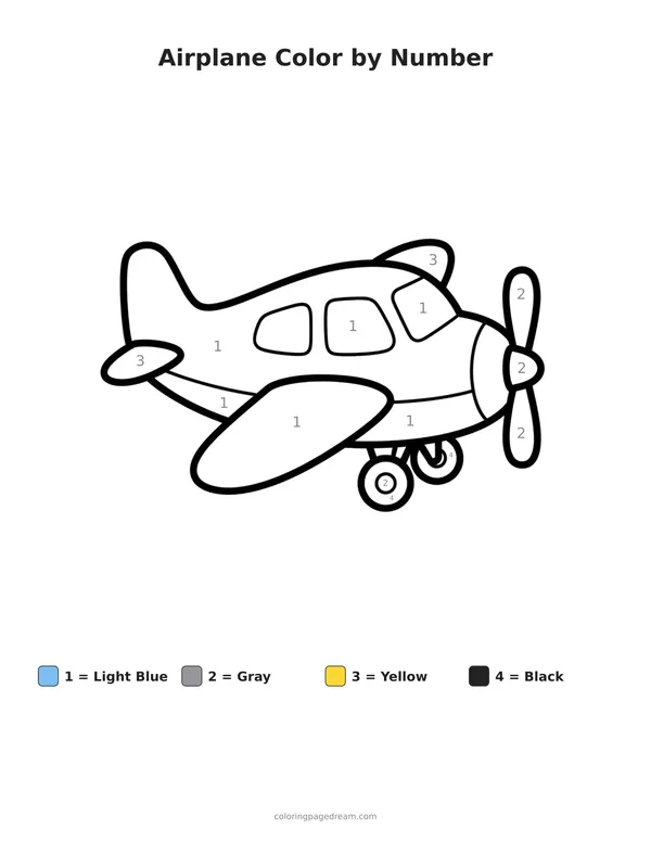 Airplane Color by Number printable page — Simple Cartoon Propeller Plane