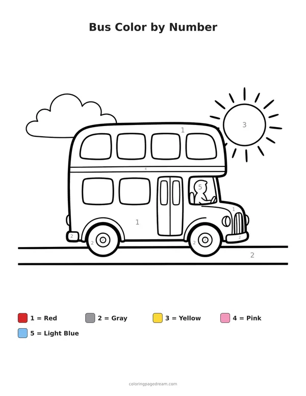Bus Color by Number printable page — Driving Under a Sunny Sky