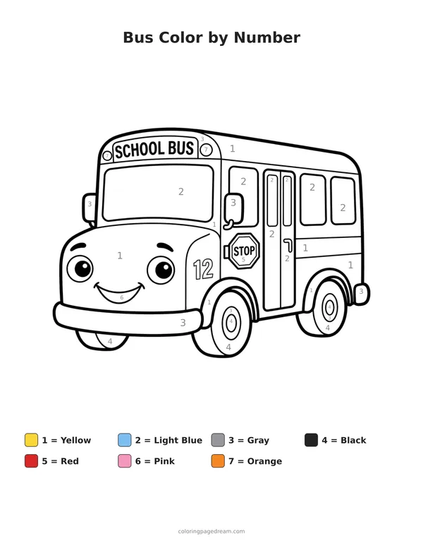 Bus Color by Number printable page — Friendly Face with Big Smile