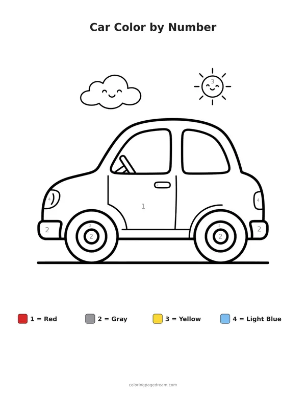 Car Color by Number printable page — Friendly Face on Sun and Cloud