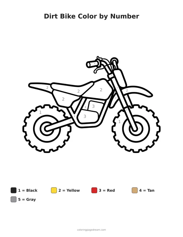 Dirt Bike Color by Number printable page — Big Knobbly Tyres