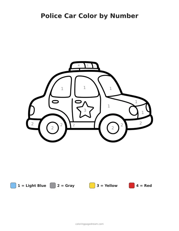 Police Car Color by Number printable page — Simple Drawing with Star on Door