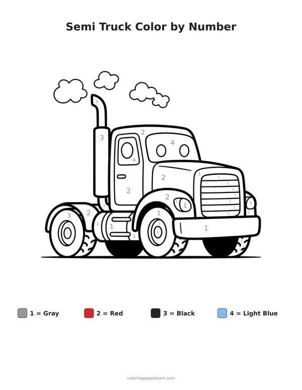 Semi Truck Color by Number printable page — Friendly Face and Tall Exhaust Pipe