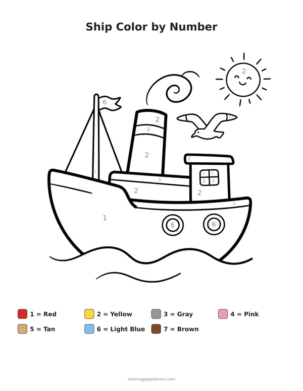 Ship Color by Number printable page — Sailing on the Waves with a Seagull