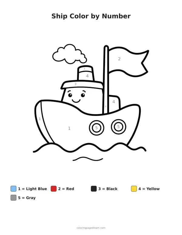 Ship Color by Number printable page — Smiling with Flag and Waves