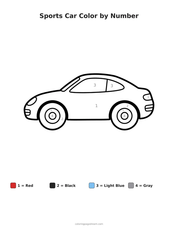 Sports Car Color by Number printable page — Simple Sports Car in Profile
