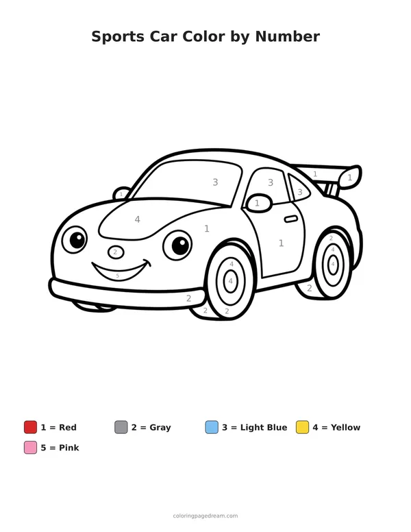 Sports Car Color by Number printable page — Smiling Sports Car With a Spoiler
