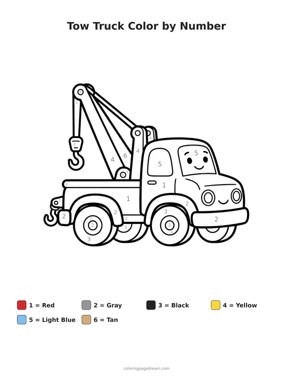 Tow Truck Color by Number printable page — Friendly Face and Crane Arm