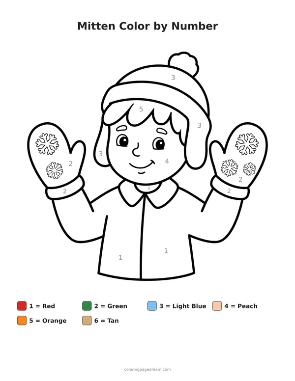 Mitten Color by Number printable page — Child Holding Up Mittens