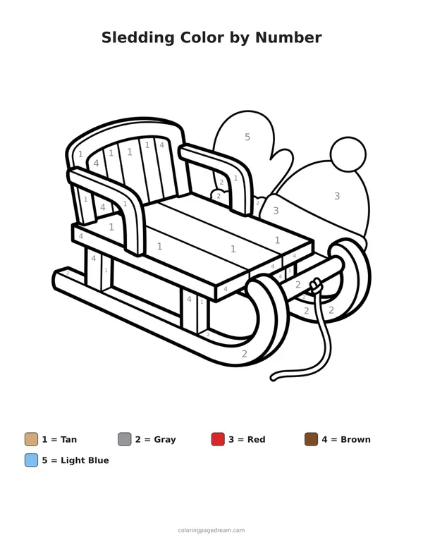 Sledding Color by Number printable page — Wooden Sled with Winter Hat and Mittens