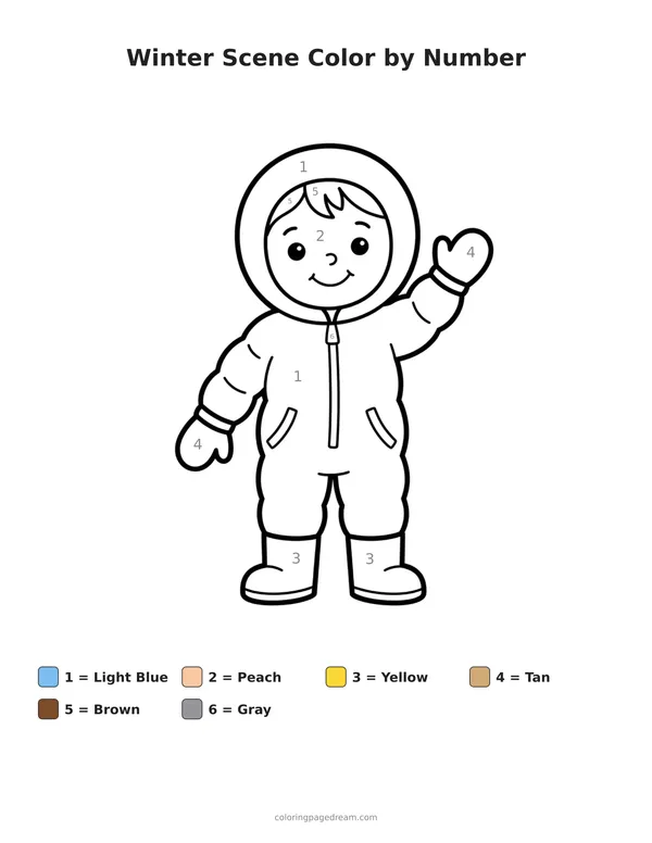 Winter Scene Color by Number printable page — Child Waving in a Snowsuit
