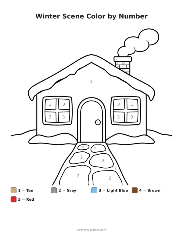 Winter Scene Color by Number printable page — Snowy House with Smoke from the Chimney