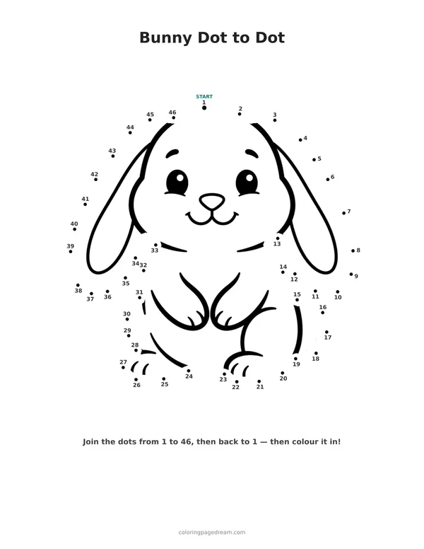 Bunny Dot to Dot printable page — Sitting with Long Floppy Ears