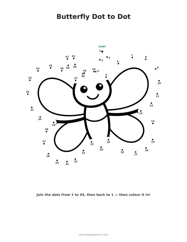 Butterfly Dot to Dot printable page — Simple Outline With Big Wings