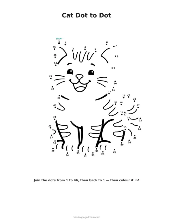 Cat Dot to Dot printable page — Chubby Tabby Sitting and Smiling
