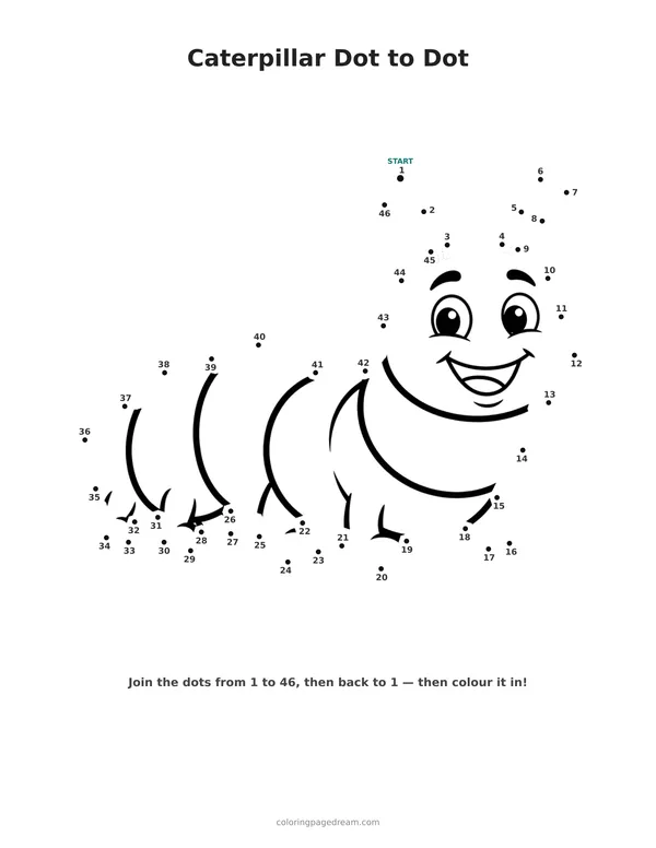 Caterpillar Dot to Dot printable page — Friendly Face And Segmented Body