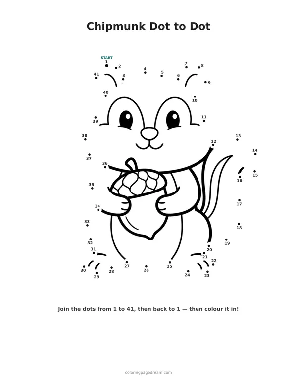Chipmunk Dot to Dot printable page — Holding a Large Acorn