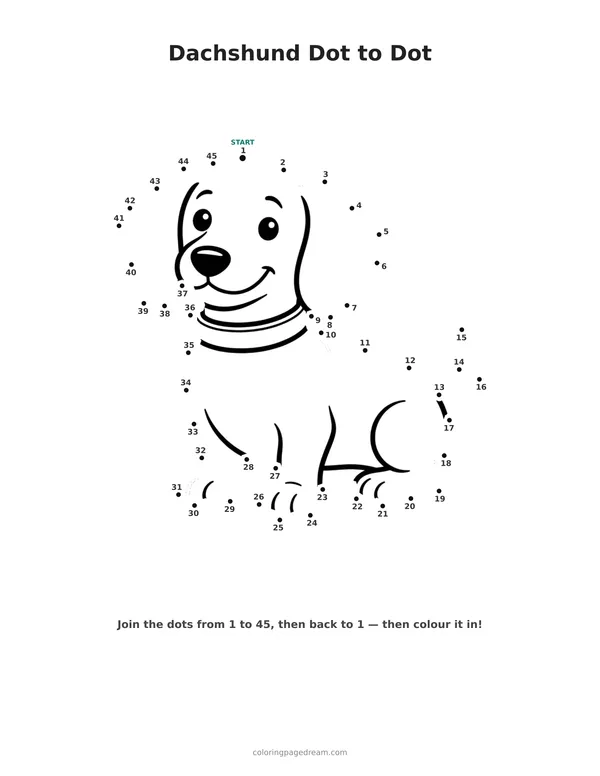 Dachshund Dot to Dot printable page — Sitting Dachshund Puppy with Collar
